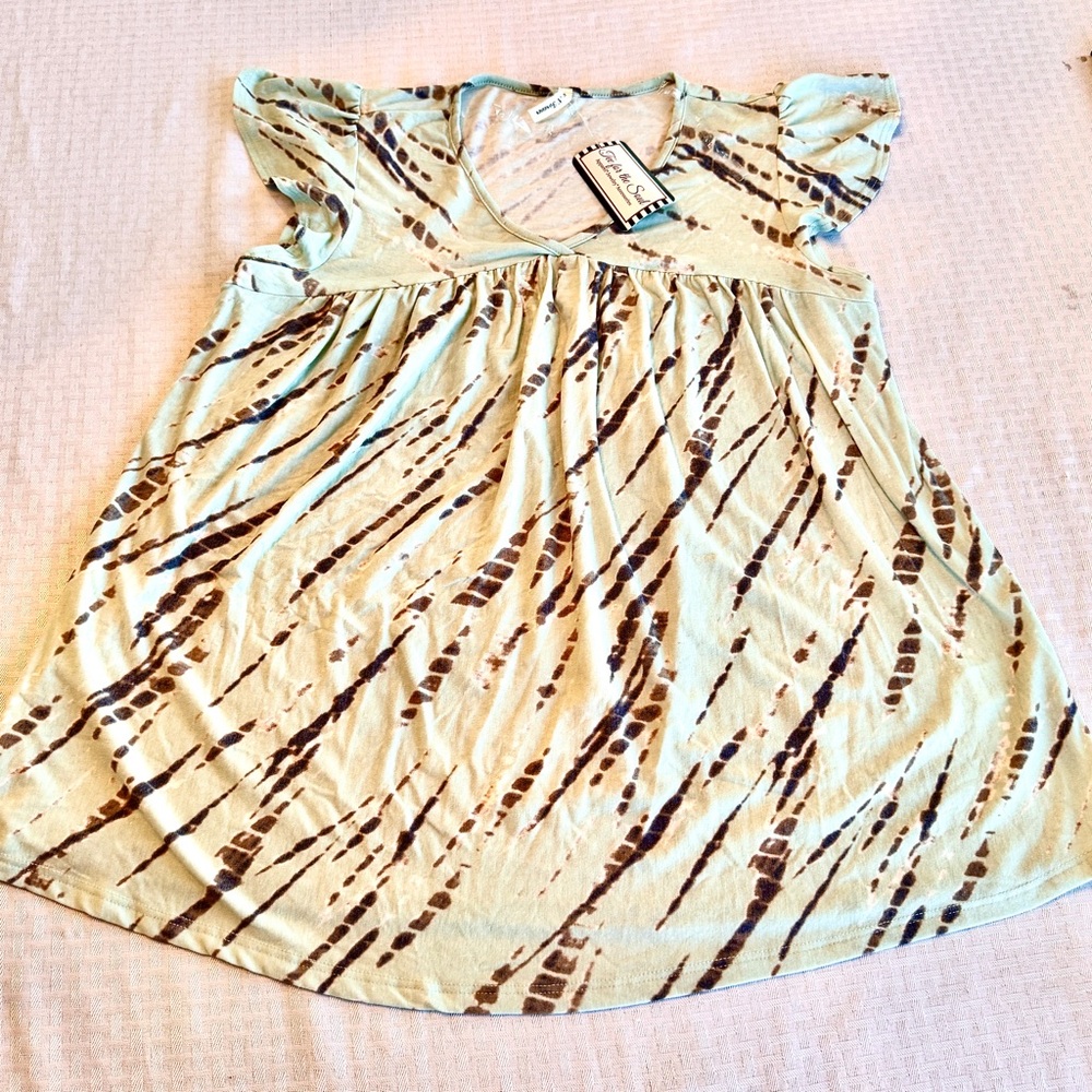 Now N Forever Sage Green Charcoal Tie Dye Babydoll Flutter Sleeve Top Medium NWT